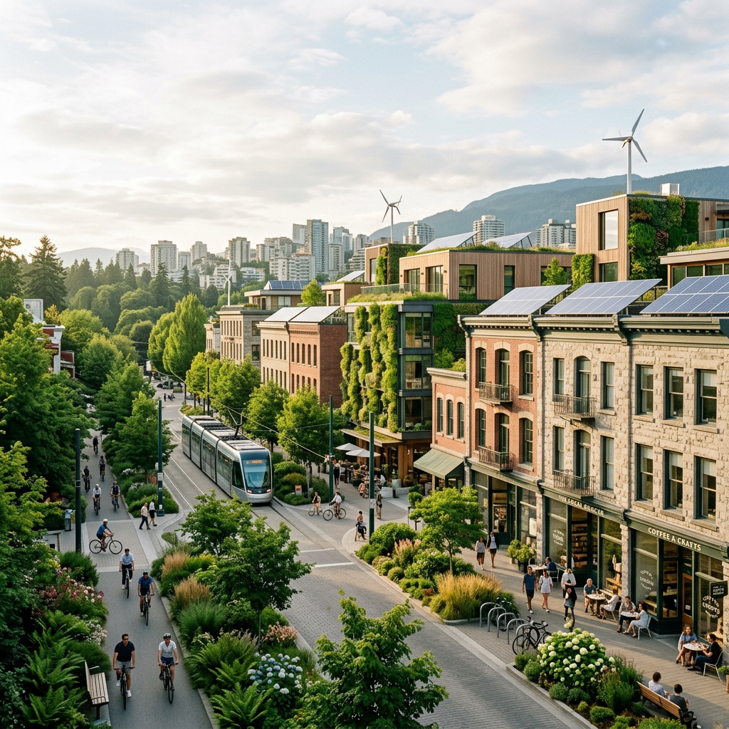 Sustainable neighborhood with light rail, bike paths, solar panels, and wind turbines