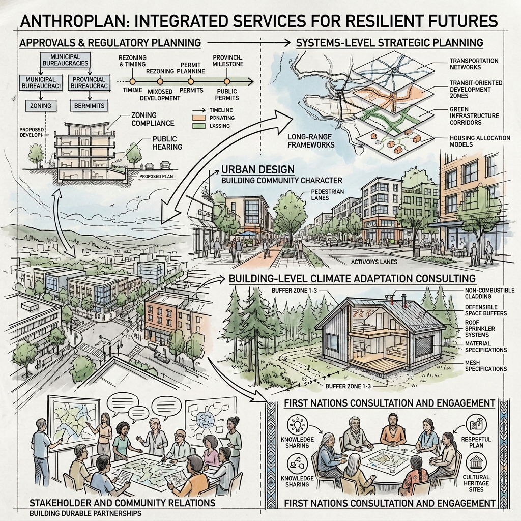 Anthroplan infographic linking approvals, strategic planning, urban design, wildfire adaptation, and consultation