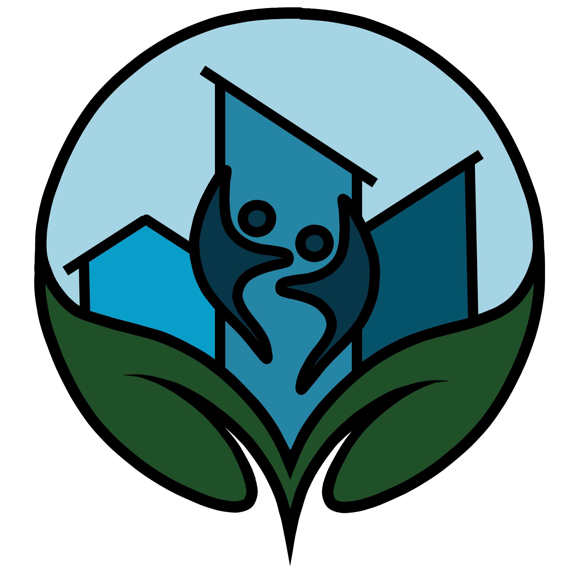A logo featuring two stylized figures embracing, set against a backdrop of three houses and green leaves, symbolizing community and sustainability.