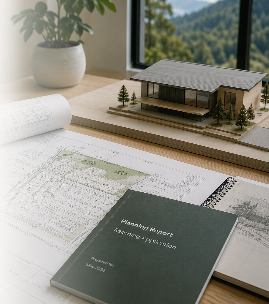 A desk with architectural plans, a planning report titled 'Planning Report Rezoning Application', a sketchbook, and a scale model of a modern house with trees, set against a window view of a natural landscape.