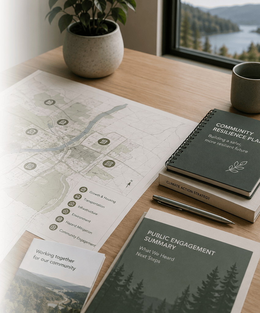 A wooden table with a community resilience map, a green notebook titled 'Community Resilience Plan', and various documents including a public engagement summary, a climate action strategy, and a flyer reading 'Working together for our community'. A potted plant is visible in the background, along with a scenic view of water and trees through a window.